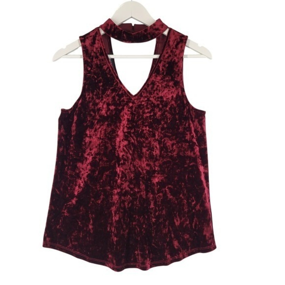BCX Velvet Tank Top Womens Medium Burgundy Choker V-Neck Cutout Sleeveless